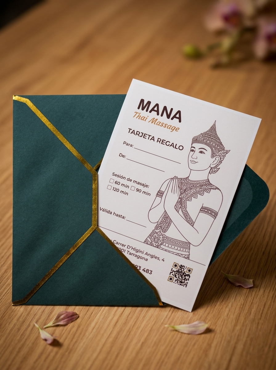 Tarjeta regalo de Mana Thai Massage en un sobre verde azulado y dorado